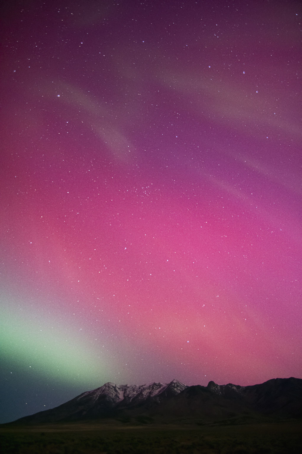 The aurora up into the high sky above snow capped mountains